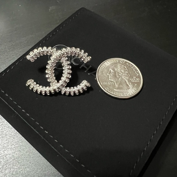 CHANEL XL Silver Crystal Interlocking CC Logo Stud Earrings - Picture 8 of 8